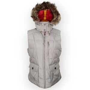 Eddie Bauer Puffer Vest Size Large Feather Down Hooded Faux Fur Gray Metallic